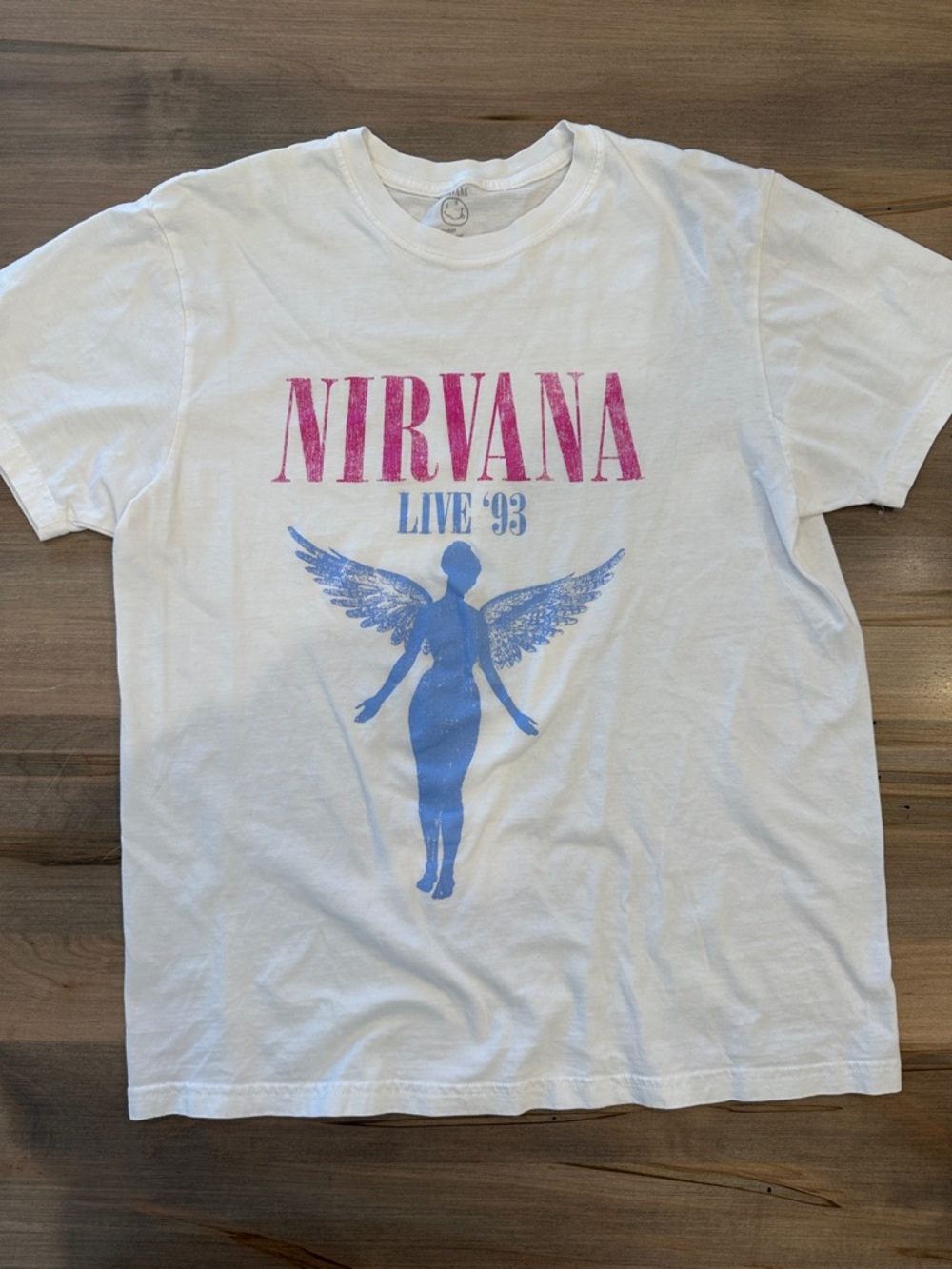 NIRVANA White Tee with Pink Logo and Blue Angel Graphic